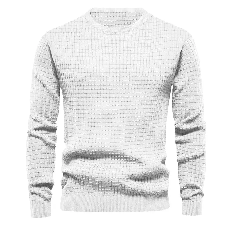 International Station Hot selling Autumn/Winter Small Checkered Men's Solid Color Knitted Long sleeved T-shirt