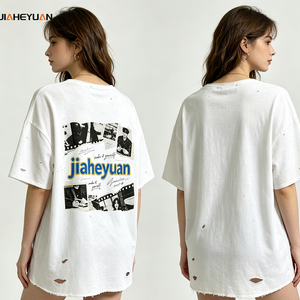 <strong>Women</strong> Distressed Holes Heat Transfer Frayed Edges Screen Print 260GSM 100% Cotton Cropped Street Style T-<strong>Shirt</strong> Music Festival - Product Image 1