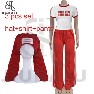 Set <span class=keywords><strong>Casual</strong></span> a tre pezzi per <span class=keywords><strong>donna</strong></span> orecchie lunghe a maglia con lettere stampa di cappello e abiti da pantaloni a righe - Product Image 3