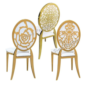 <b>White</b> Golden Pattern Back Stainless Steel Wedding Dining <b>Chair</b> Dining Room Banquet Hall Event <b>Chairs</b> for Sale - Product Image 1