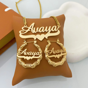 Set di Orecchini e Collana in Bambù con Nome Personalizzato, Targhetta Personalizzata in <span class=keywords><strong>Acciaio</strong></span> <span class=keywords><strong>Inossidabile</strong></span> <span class=keywords><strong>316L</strong></span>, Placcatura in Oro 18K PVD, <span class=keywords><strong>Gioielli</strong></span> Hip Hop Impermeabili - Product Image 3
