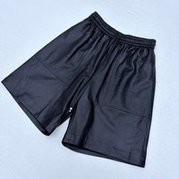 Jupe-short décontractée pour femme en cuir véritable de mouton noir, taille élastique avec cordon de serrage et poches profondes