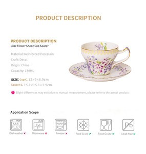 Taza y Platillo de Cerámica Estilo Campestre Francés - Diseño Floral Lila con Borde Dorado para Té de la Tarde - Product Image 6