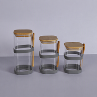 Ensemble de 3 pots à épices en verre avec couvercles et cuillères en bambou, bandes en silicone gris, rangement pour assaisonnements de cuisine