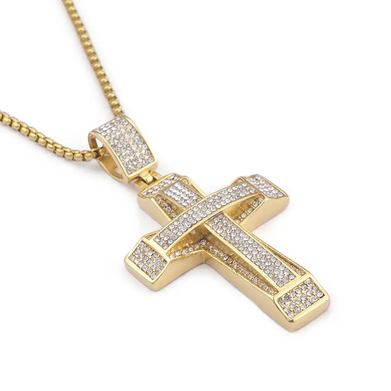 XISHUO 316L Edelstahl Iced Out Crystal Cross Anhänger Halskette