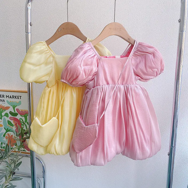 summer wholesale princess infant baby girls' puff sleeve dresses toddler kids solid pink yellow dress clothing