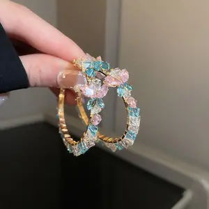 OEM Aretes De Oro Laminado Crystal Geometry Colorful Fashion Design Zircon Hoop Earrings