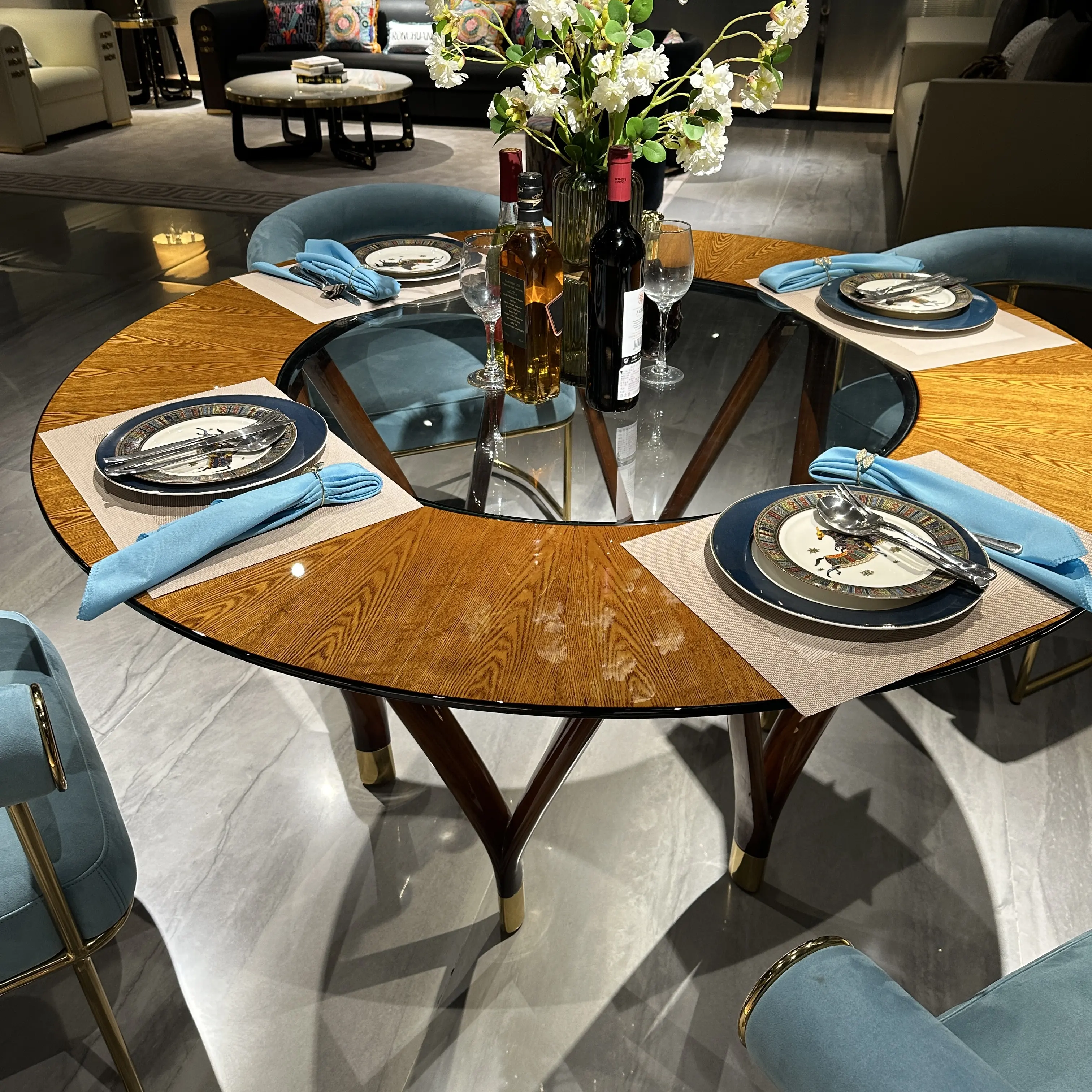 Yüksek kalite yemek odası takımı mobilya zarif modern lüks 1.5M çap yuvarlak cam yemek masaları