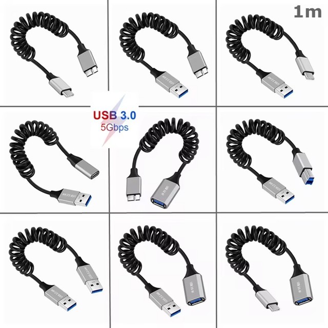 High Speed Coiled Cable 5Gbps USB 3.0 Type A Type B Type C Micro B Male Female OTG Spring Cable