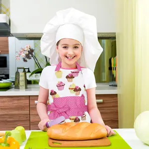 Grosir kustom Logo anak-anak celemek anak-anak mode saku topi koki dan pinggang dapur anak celemek anak-anak