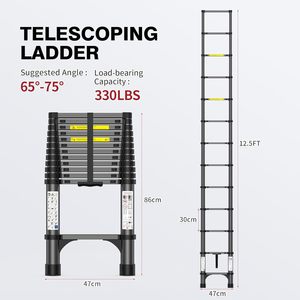 Escalera telescópica de aluminio de alta resistencia de 12.5 pies, capacidad de 330 lb, peldaños antideslizantes, acceso seguro al ático, renovación del techo del hogar - Product Image 6