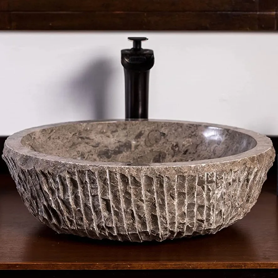 Natural Stone Bathroom Sink Premium Solid Stone Top Handcrafted Grey Stone Polished Inside Natural Outside Wash Hand Basin