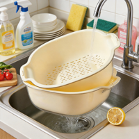 Dubbellaagse voedselveilige plastic groente- en fruitwasmand met afvoer, handmatig keukenhulpmiddel model T-6037