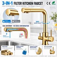 Robinet de cuisine 2-en-1 avec filtre à eau potable, en laiton massif, double poignée, chromé, à poser sur plan, mitigeur chaud/froid pour évier de cuisine