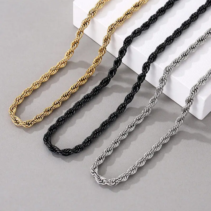5MM Stainless Steel / Gold Plated / Black Twist Rope Chain Necklaces For Women Men Fashion Hip Hop Jewelry