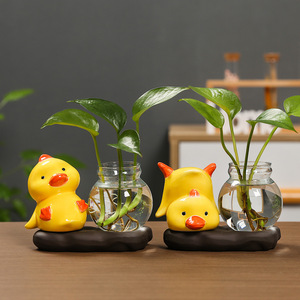 Porte-plantes en céramique en forme de canard mignon, vase hydroponique rond en verre, ornement décoratif pour salon, bureau - Product Image 3