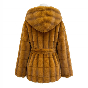 <span class=keywords><strong>Cappotto</strong></span> Invernale da <span class=keywords><strong>Donna</strong></span> Zeyu Luxury in Finta Pelliccia Ecologica <span class=keywords><strong>Giallo</strong></span> Senape Intrecciato Monopetto con Cappuccio Morbido e Peluche, con Cintura in Vita - Product Image 6