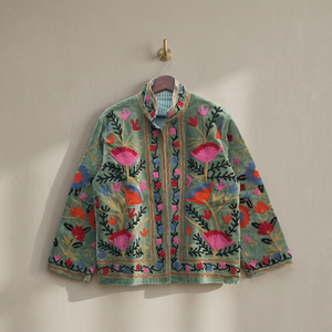 Wholesale Factory Custom Women Heavy Thread Embroidery Olive Green Velvet Jacket Casual Open Front Stand Collar Short <b>Coat</b> OEM - Product Image 1