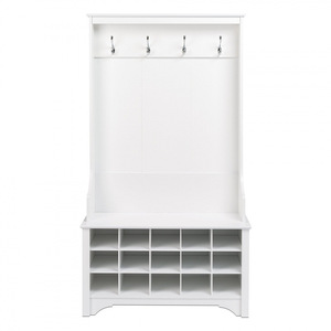 Banc d'entrée blanc en MDF avec 4 crochets métalliques, étagères multi-compartiments pour chaussures, meuble de rangement autoportant pour manteaux et chaussures dans le couloir - Product Image 3