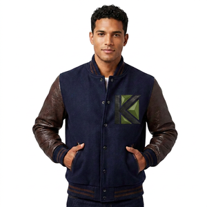 Veste universitaire en laine bleu royal pour hommes, marron foncé, peau de vache blanchie, manches en cuir, broderie, décoration, patch chenille, hiver - Product Image 6