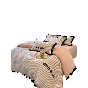 Princess Style Winter Thickened Milk Fleece Four Piece Bedding Set Vertical Stripes <b>Double</b> Sided Warm Duvet Cover - Product Image 5