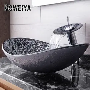 Boweiya barco en forma de tazón artística de color de vidrio templado todo en uno comercial italiano lavabo en el cuarto de baño y encimera