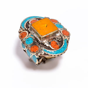 Bague en pierre précieuse de corail turquoises naturelles, anneau Antique en argent tibétain, bijou fin - Product Image 1