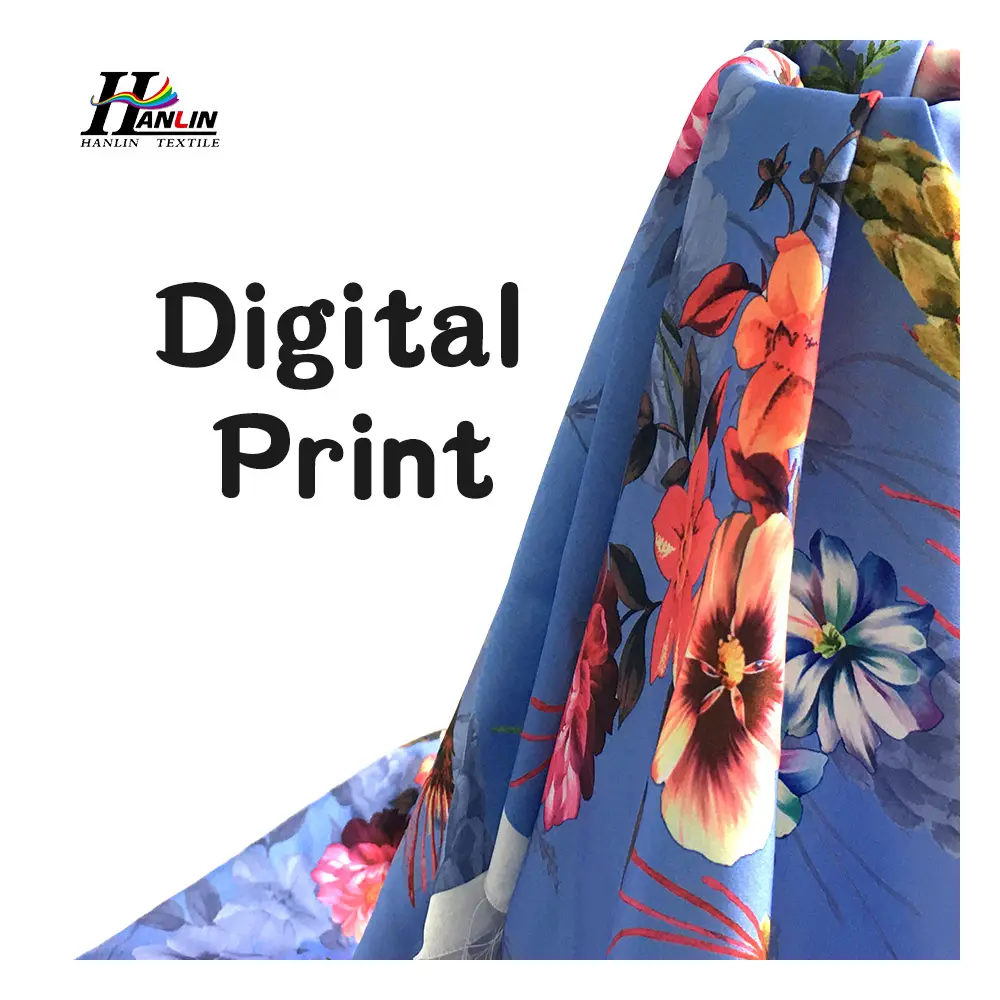 Hanlin tekstil popüler yeni tasarım polyester canlı dijital çiçek baskı 50d saten şifon kumaş kadınlar için bebek elbiseleri
