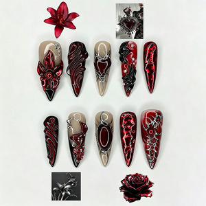 24 faux ongles stiletto extra longs à presser, rouge et noir gothique, avec motifs roses 3D, pour femmes et filles - Product Image 1