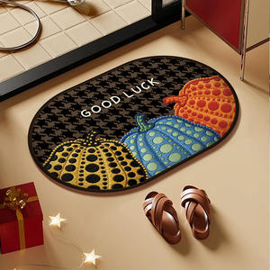 Alfombra de baño estilo americano con diseño de calabaza, ovalada, de imitación de lino, absorbente, antideslizante, de secado rápido, para la entrada del baño o el inodoro. - Product Image 1