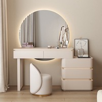 Coiffeuse de chambre style crème avec miroir LED, entièrement en bois massif, ultra-étroite, intégrée à une table de chevet rabattable, écologique