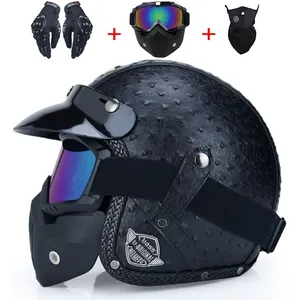 免费送货PU皮革头盔3/4摩托车斩波器自行车头盔开脸复古摩托车头盔带面罩