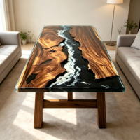Table de salle à manger artisanale en noyer avec résine époxy effet vague océanique, bord naturel en bois massif, table en résine marine pour villa et restaurant