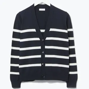 Wholesale Custom Design V Neck Black And White Casual Striped Nautical Striped Cardigan for women