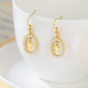 Pendientes <span class=keywords><strong>de</strong></span> Cruz Ovalados con Circonita Cúbica, Chapados en Oro, <span class=keywords><strong>de</strong></span> Acero Inoxidable, para Mujer, Joyería Religiosa Católica - Product Image 5