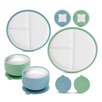 Ensemble de 4 assiettes et bols en porcelaine pour enfants, base à ventouse, manchons en silicone antidérapants, compatibles micro-ondes/lave-vaisselle, design rond moderne