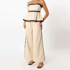 Nouveauté été : Ensembles en lin brodés pour femme, style plage, comprenant un haut court à bretelles et un pantalon ample - Product Image 1