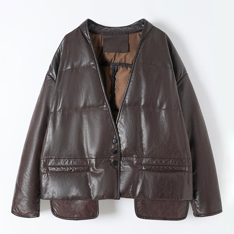 901 Latest Products 2025 High End White Duck Down Coat V-neck Oil Waxed Sheepskin Women's Down Jacket