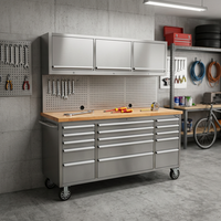 Coffre à outils roulant en acier inoxydable robuste de 72 pouces, 15 tiroirs avec armoires de rangement supérieures pour garage, atelier, OEM personnalisé