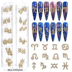 12 Const ellation Dangle Nail Art Charms 3D-Legierung Diamant Nagel Strass Golden Luxus Schmuck Nägel Zubehör