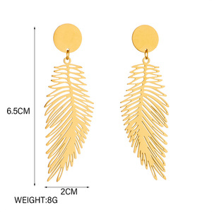 Feather Pendant Earrings Gold Long Metal Exaggerated Design Everyday Wear - Product Image 4