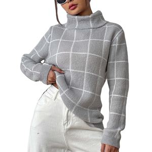 Factory <strong>Women</strong> Winter Long Sleeve Knitted Color Block Grid High <strong>Turtle</strong> <strong>Neck</strong> Sweater Pullover <strong>Jumper</strong> - Product Image 1