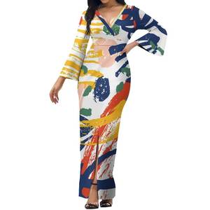 Vestido <span class=keywords><strong>Hawaiano</strong></span> de hojas de monstera, manga larga acampanada, talla grande, <span class=keywords><strong>tahitiano</strong></span> con cuello de pico profundo - Product Image 4