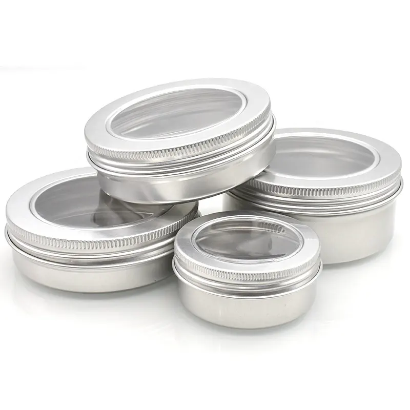 Kaleng logam kosmetik kosong, kaleng teh aluminium 30g 50g 60g 80g 100g 120g dengan tutup sekrup jendela