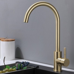 Robinet de cuisine en acier inoxydable 304 doré, finition brossée, grand mélangeur courbé à poignée unique pour lavabo sur comptoir - Product Image 1