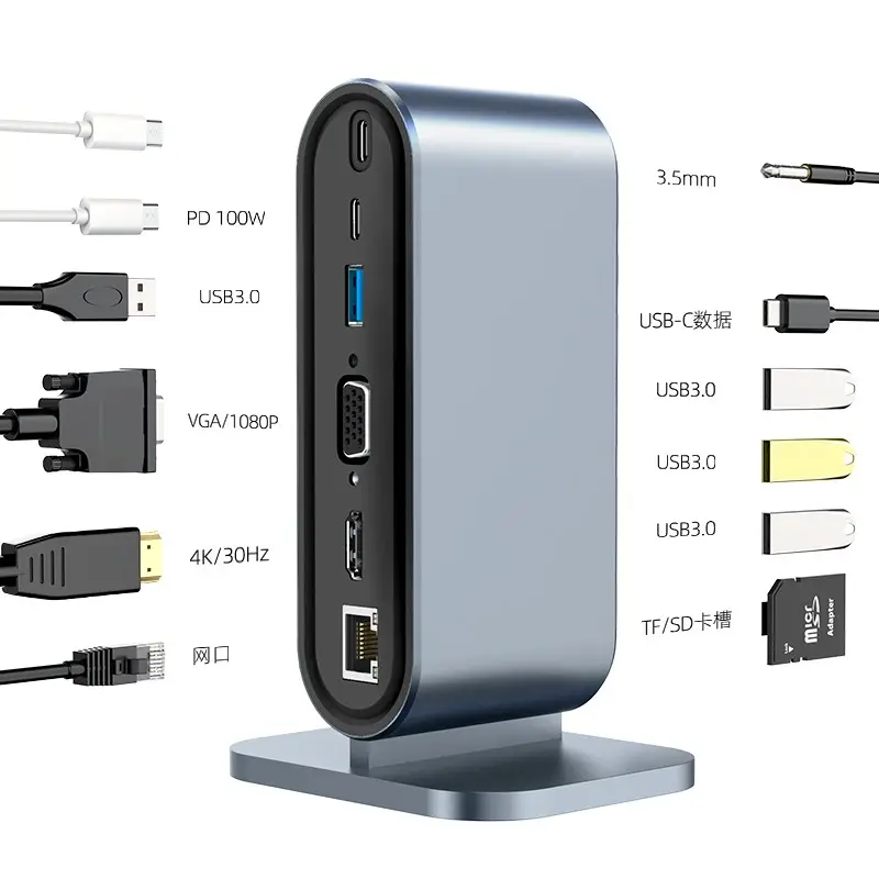 Estación de acoplamiento vertical de 12 puertos con soporte dual de alta definición 4K para pantalla MST adecuada para expansión de computadora DELLMAC