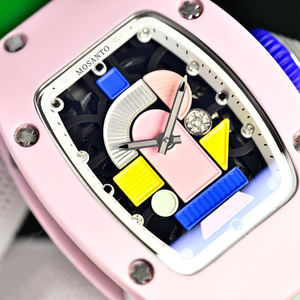 Reloj mecánico automático de lujo para dama, caja en forma de barril de cerámica rosa, estilo Filadelfia, esfera de color, correa verde - Product Image 5