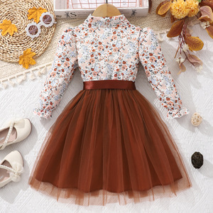 Vestito da bambina 2-12 anni a maniche lunghe con fiocco sul collo, in poliestere floreale a rete, con cintura intrecciata, design da principessa, novità primavera - Product Image 6