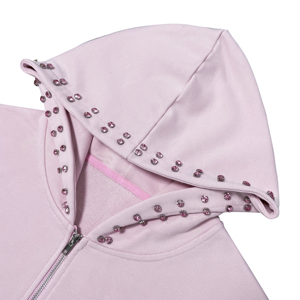 Sudadera con capucha rosa claro extragrande para hombre con cremallera, logotipo personalizado, adornos de perlas y piedras, ropa urbana gráfica, ODM OEM al por mayor - Product Image 3