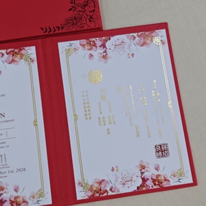 Chinese hardcover folio huwelijksuitnodiging op maat, rode folie roosrand, tweetalig, bloemrijk, oosterse fusion huwelijksuitnodigingen kaart - Product Image 4
